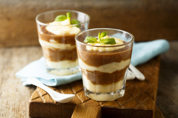 Homemade pudding with vanilla custard, banana and cocoa