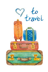 Illustration of four suitcases for travel on a white background painted with watercolor