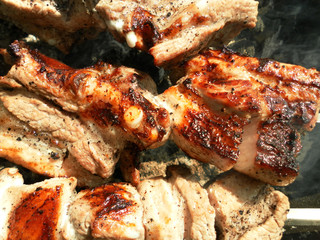 The meat on the skewer on the fire