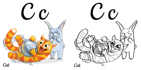 Cat. Vector alphabet letter C, coloring page