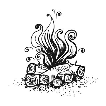 recommend clip art: Campfire, fire over wood logs. Black and white graphic vector illustration, isolated on white background.