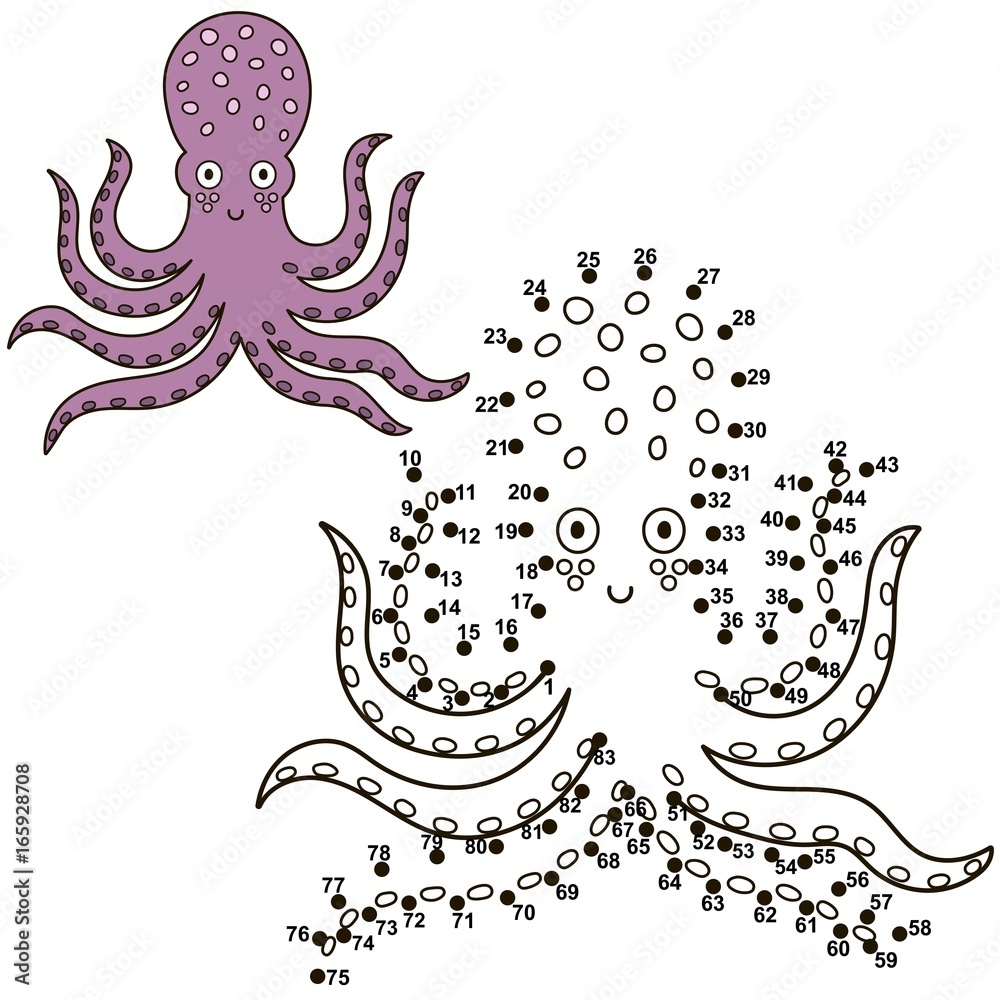 Sticker connect the dots to draw a cute octopus and color it. educational numbers and coloring game for chil