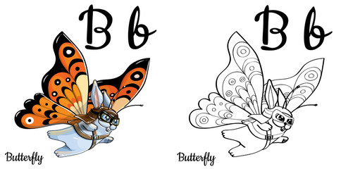 Butterfly. Vector alphabet letter B, coloring page