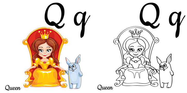 Queen. Vector alphabet letter Q, coloring page