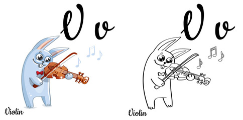 Violin. Vector alphabet letter V, coloring page