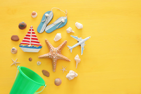 top view beach and vacation concept with nautical life style objects