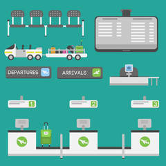 Plane airport transport symbols flat design illustration station concept air port symbols departure luggage plane business vector