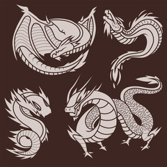 Chinese dragon silhouettes tattoo mythology tail monster magic icon asian animal art vector illustration.