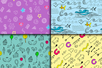Cartoon doodles hand drawn style seamless pattern summer design wallpaper vector illustration.