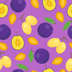 Floral seamless pattern with plums nature fruit harvest vegetarian vitamin sweet berry background. Vector illustration