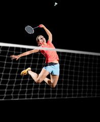 Woman badminton player (version with net and shuttlecock)