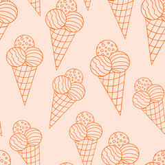Fototapeta na wymiar Hand drawn colorful seamless pattern with ice cream with three balls in the waffle cup with doodle counter. Vector illustration.