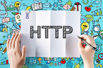 HTTP text with hands and colorful illustrations