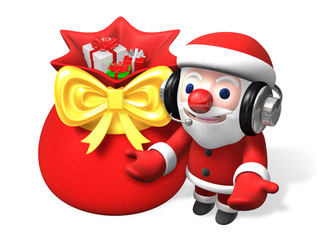 3d santa claus and his filling gifts sack with headphone