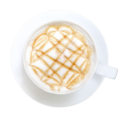 Top view of hot coffee latte art caramel foam isolated on white background, clipping path included