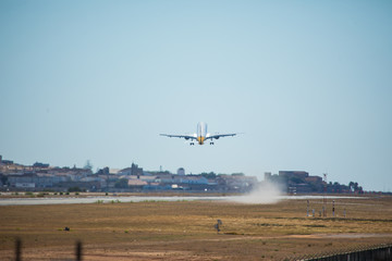 FARO, PORTUGAL - Juny 30, 2017 : Monarch Flights aeroplane departure from Faro International Airport. Monarch is a British airline.