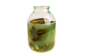 Jar of cucumbers on a white background