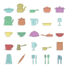 Dishes doodle icons set. Dishes vector illustration for design and web isolated on white background. Dishes doodle vector object for labels, logos and advertising