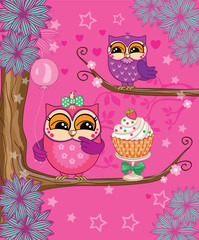 Set, family of cute funny owls and cake on tree. Happy birthday or party card for friends. Children cartoon fairytale illustration, for print, stickers. Fabulous story about forest animals and birds.