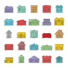 House doodle icons set. Doodle buildings vector illustration for design and web isolated on white background. House doodle vector object for labels, logos and advertising