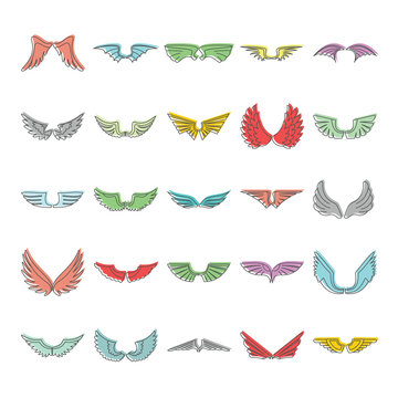 Doodle wing icons set. Wings vector illustration for design and web isolated on white background. Doodle wing vector object for labels, logos and advertising