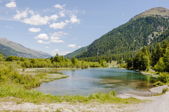 Samedan, Bever, Bergsee, Engadin, Oberengadin, Lej da Gravatscha, Flaz, Fluss, Inn, Inntal, Wanderweg, L&auml;rchenwald, Alpen, Piz Malat, Graub&uuml;nden, Sommer, Schweiz