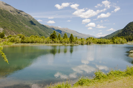 Samedan, Bever, Lej da Gravatscha, Bergsee, Flussinsel, Flaz, Inn, Hochmoor, Engadin, Oberengadin, Graub&uuml;nden, Alpen, Sommer, Schweiz