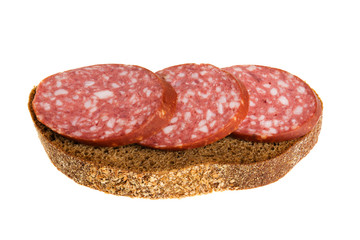 Sausage black bread on white background