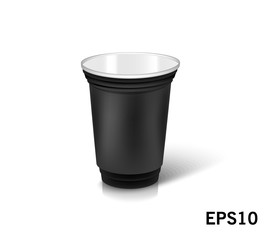 one empty disposable plastic cup for party.  Vector illustration black color dishes
