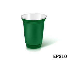 one empty disposable plastic cup for party.  Vector illustration green color dishes
