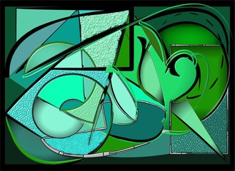 abstract  composition ,fancy curved shapes green on dark background