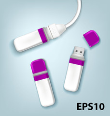 White Empty USB Flash Drive with purple cap. Vector illustration drive memory with cord
