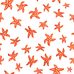 Sea watercolor seamless pattern with red sea stars. Red sea pattern seamless background in watercolor. Seamless pattern with image of red sea stars isolated on white background. Ocean, water, sea.