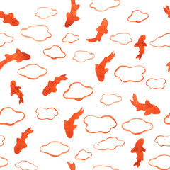 Sea watercolor seamless pattern with the image of red fishes. Red watercolor seamless pattern with small red fishes and jellyfishes isolated on white background. Ocean, water, sea.