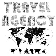 The phrase "travel agency" is made up of the countries names. World map with transport icons.