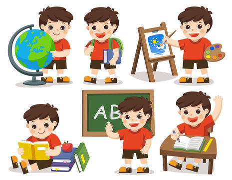 Back to school. A cute student study in school , drawing a picture, reading books. Isolated vector.