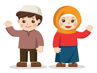 Muslim kids say hi. they look happy. Isolated vector.