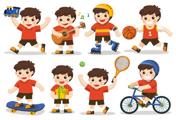 activity set of a kid: A cute boy playing with toys. Playing sport including basketball, athletic, tennis, bicycle, skate rolling. Playing guitar and singing happily. Holding present. Isolated vector.