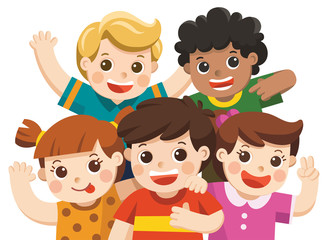 Group best friends happy smiling, hugging and waving their hands. Isolated vector