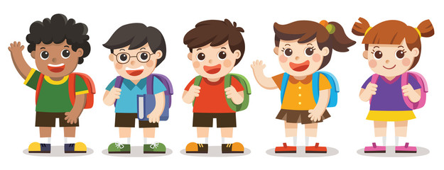 Back to school,Cute kids go to school , Set of diverse Kids and Different nationalities, isolated on white background. Isolated vector