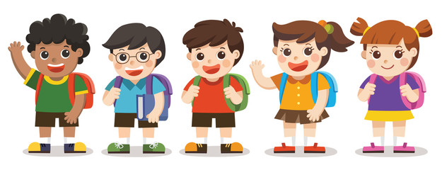 Obraz premium Back to school,Cute kids go to school , Set of diverse Kids and Different nationalities, isolated on white background. Isolated vector