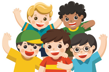 Boy Group best friends happy smiling, hugging and waving their hands. Isolated vector