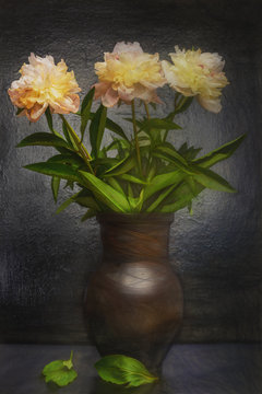 Still life with jug- bouquet peonies