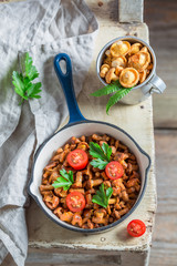 Ready to eat fried mushrooms made of fresh chanterelles