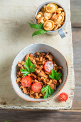 Delicious fried mushrooms made of fresh chanterelles