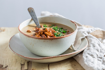 Homemade mushrooms soup made of fresh chanterelles