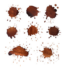 Coffee stains vector set. Brown color grunge texture coffee blots collection. Isolated on white background