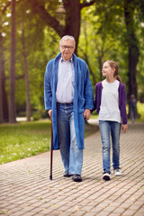 Young carer granddaughter walking in the park with disabled grandfather .