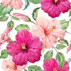 Watercolor tropical hibiscus vector pattern