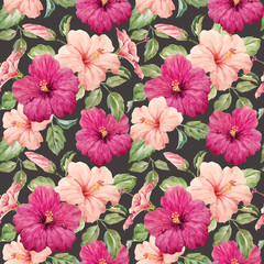 Watercolor tropical hibiscus vector pattern